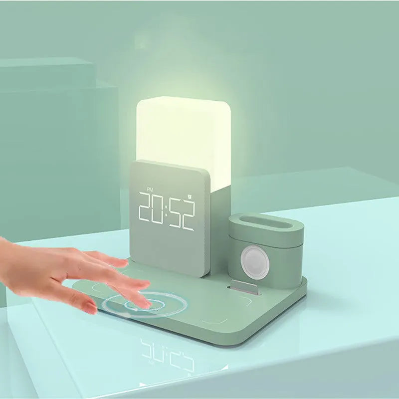 Dark green 3-in-1 Qi wireless charger stand charging a smartphone, smartwatch, and earbuds