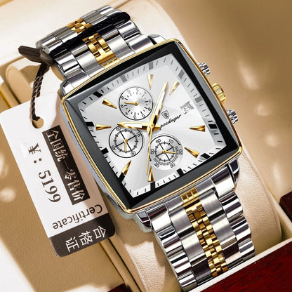 Square men's business watch with stainless steel strap and alloy case in a gold and blue colour variant.