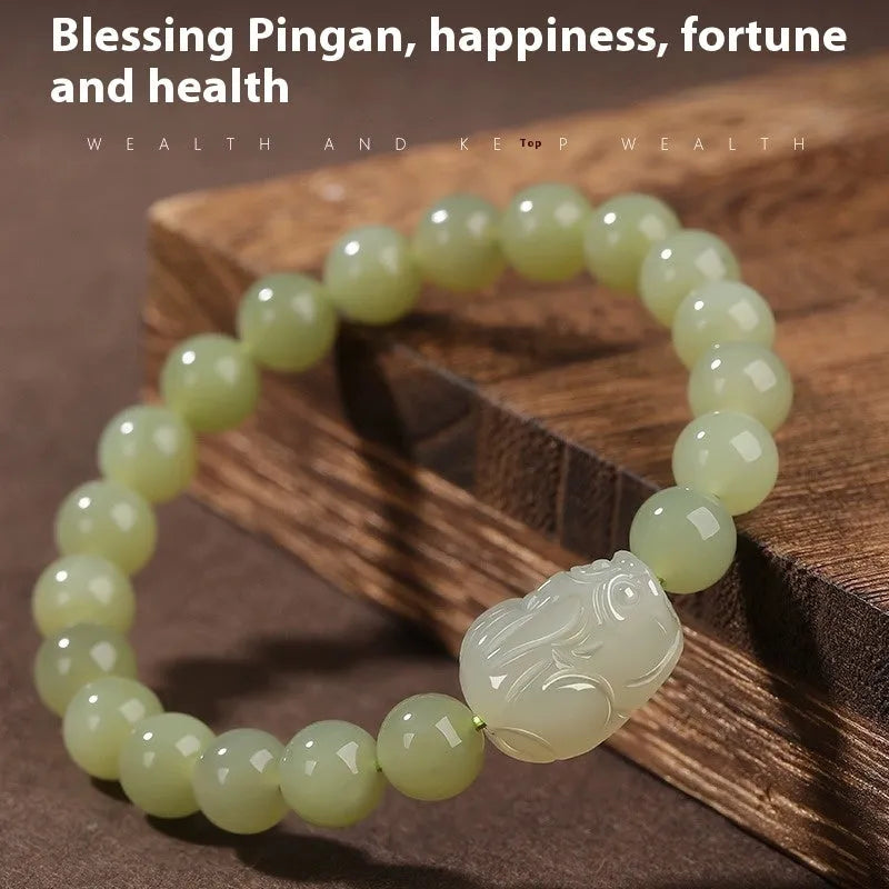 Women's polished Hetian jade ethnic bracelet showing 6mm, 8mm, and 10mm bead size options.