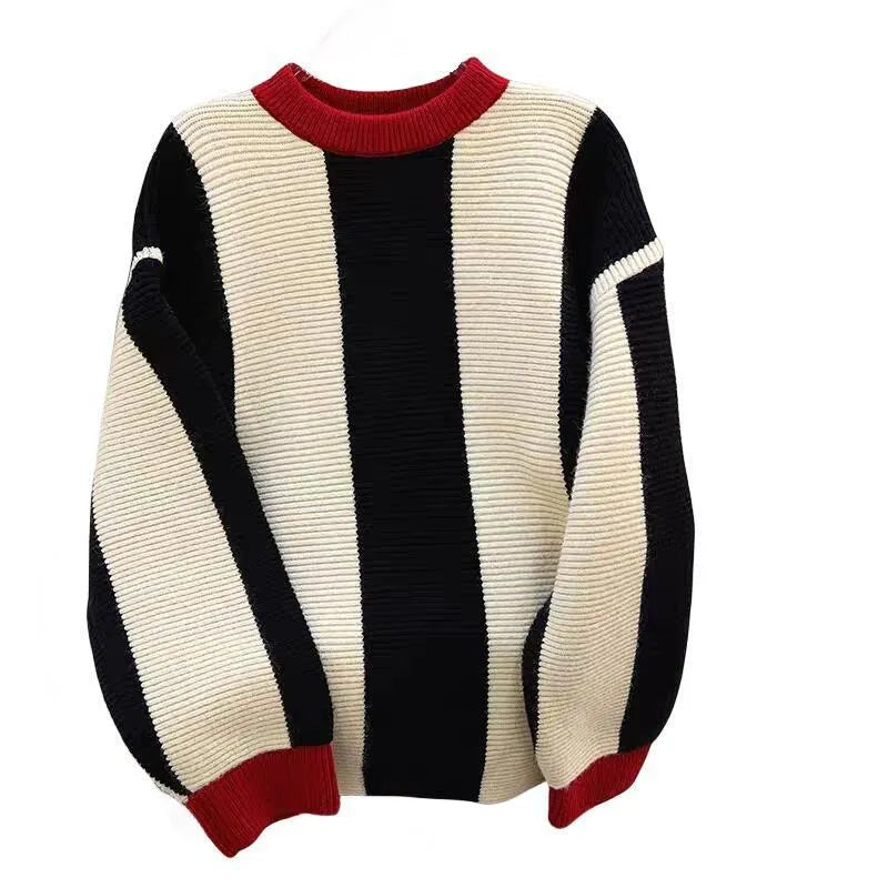 Women's striped cashmere pullover sweater with round neck and contrast colour knit
