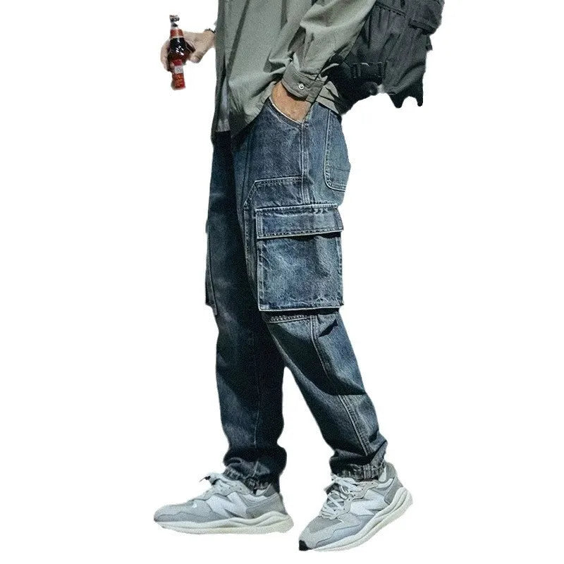 Men's blue loose straight retro jeans with stretch polyester denim fabric