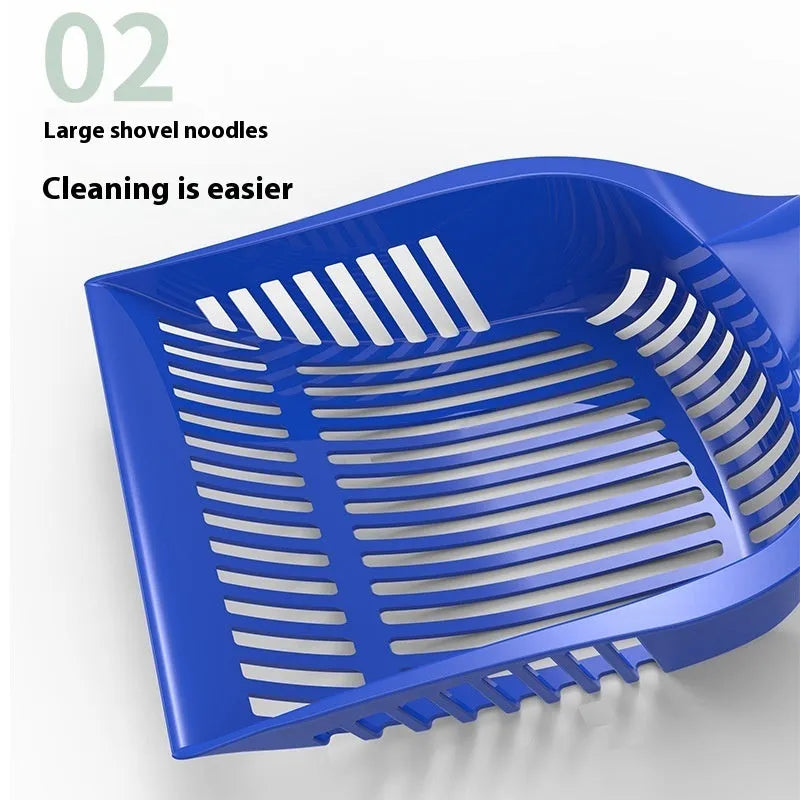 Red plastic cat litter scoop showing dimensions and PP construction for waste removal
