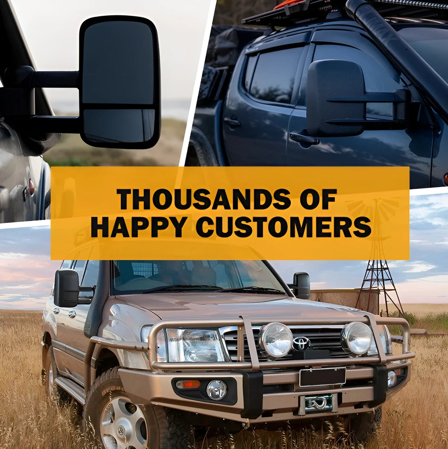 Black plastic foldable side mirror pair for Toyota Land Cruiser 100 1998-2007 models.
