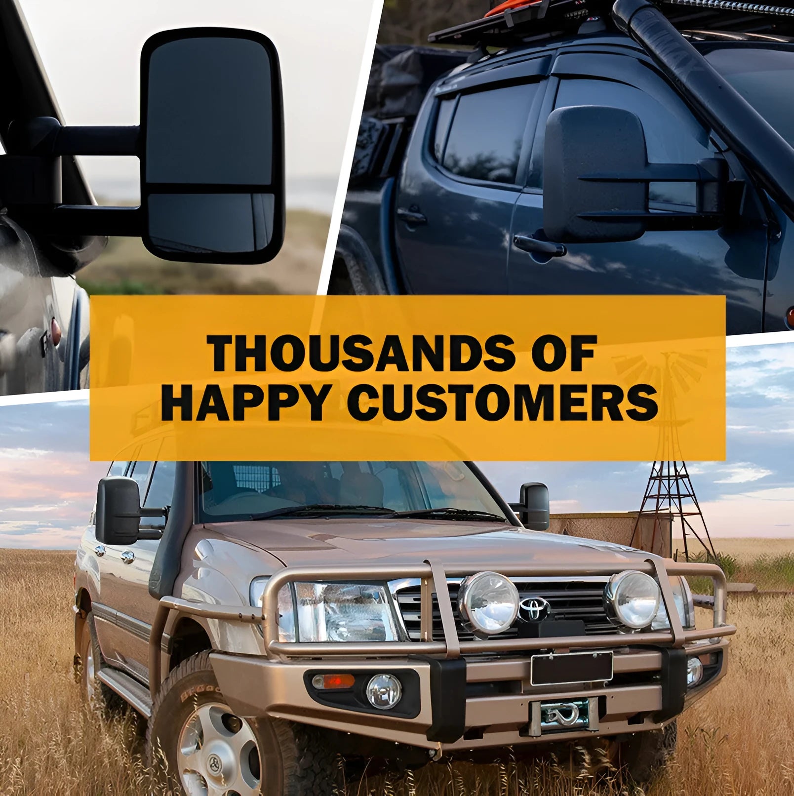 Black plastic foldable side mirror pair for Toyota Land Cruiser 100 1998-2007 models.