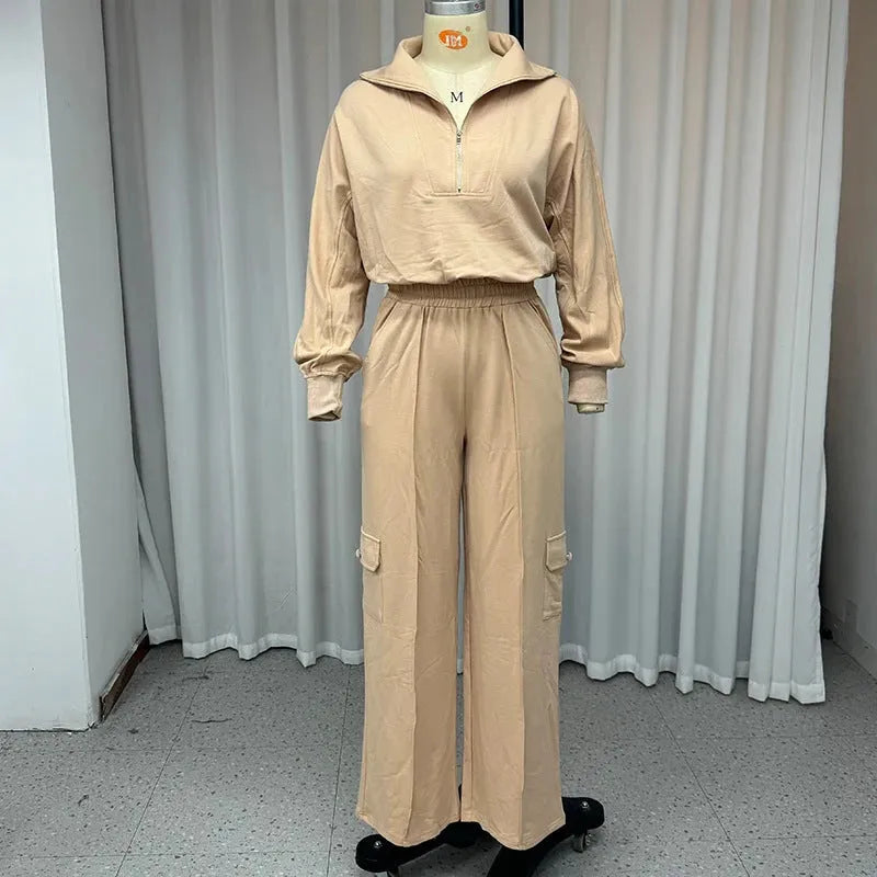 Women's light camel polyester two-piece work set with lapel top and wide-leg trousers