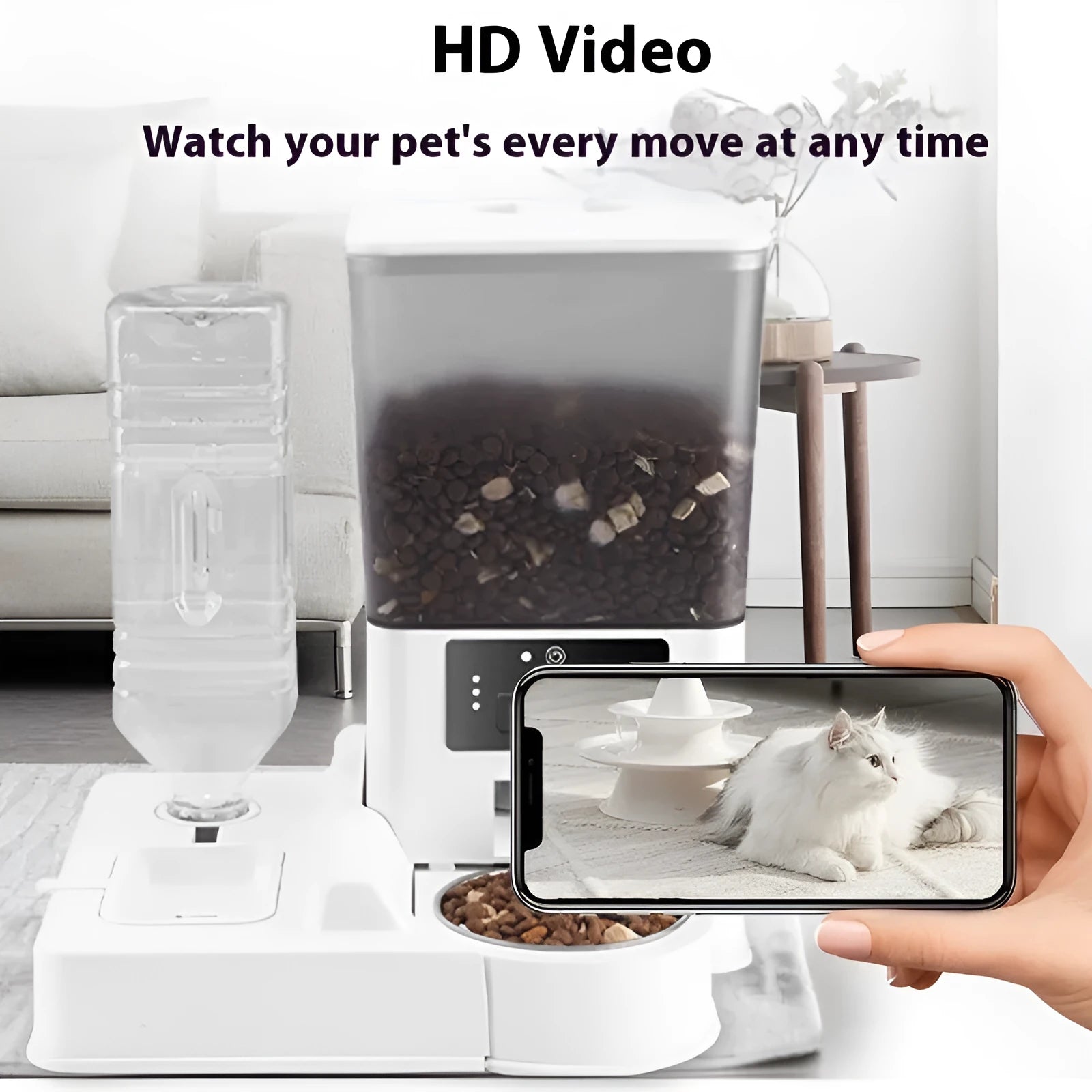 Smart pet feeder with stainless steel bowl and 5L capacity reservoir in multiple control versions