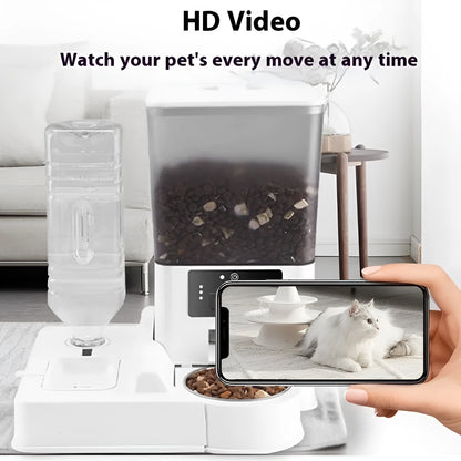 Smart pet feeder with stainless steel bowl and 5L capacity reservoir in multiple control versions