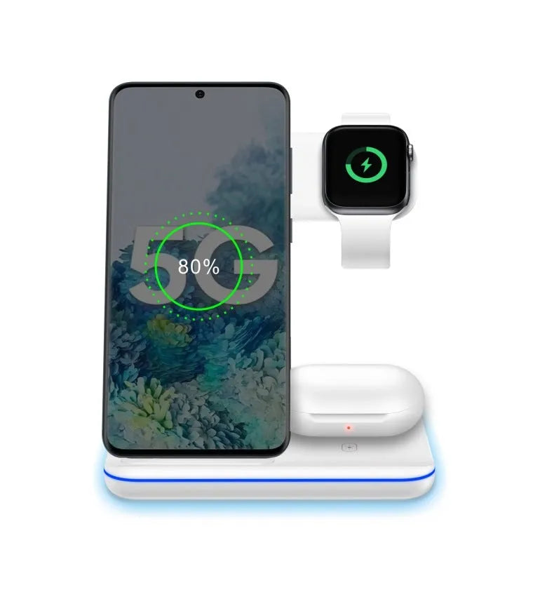 Three-in-one 15W wireless charging stand for mobile phone, smartwatch and earbuds in black