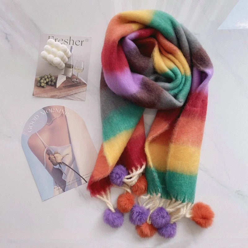 Vibrant Rainbow Mohair Tassel Scarf in various colors, perfect for winter fashion