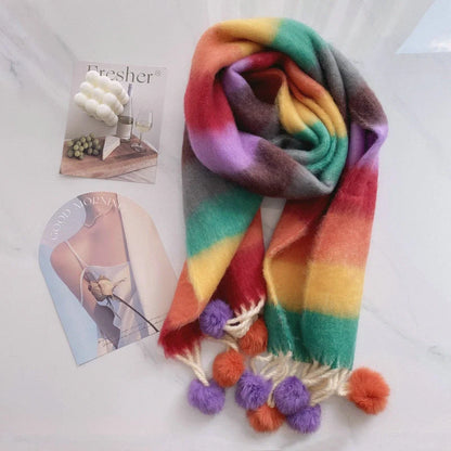 Vibrant Rainbow Mohair Tassel Scarf in various colors, perfect for winter fashion