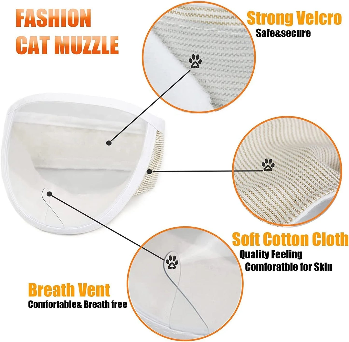 Clear transparent PVC and cotton cat muzzle with a centre breathing hole, shown in small and medium sizes.