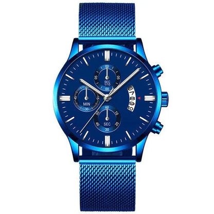 Men's stainless steel mesh band quartz watch with analog dial on a wrist.