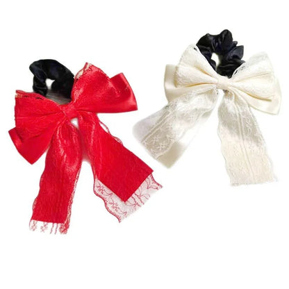 Velvet lace double layer ribbon bowknot hair ring in ivory white and red colours with high elasticity