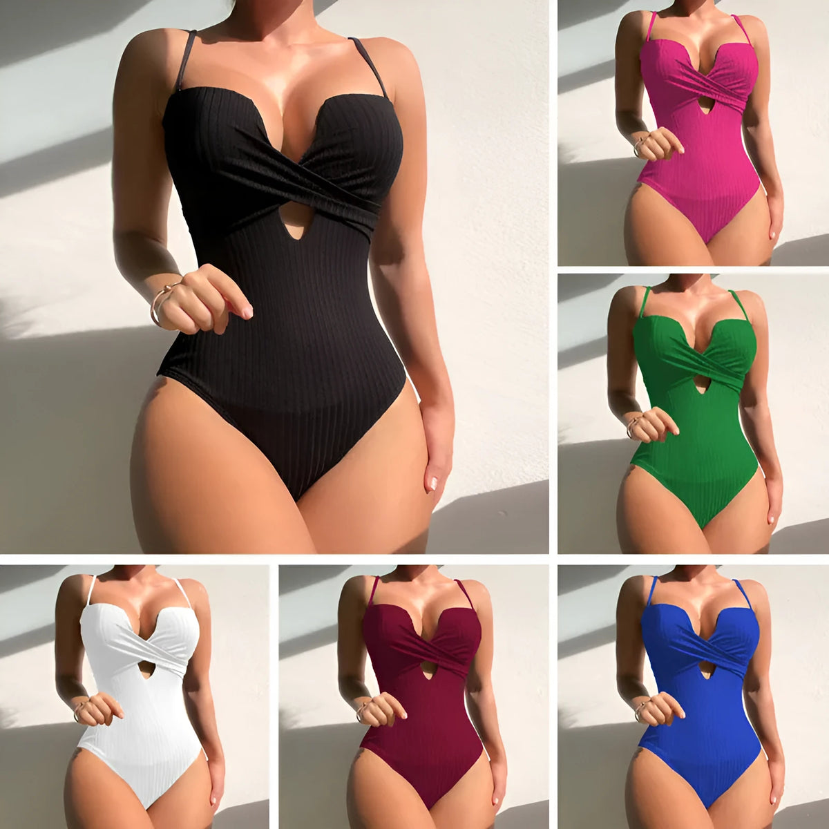 Women's solid colour slim fit one-piece swimsuit in polyester fabric.