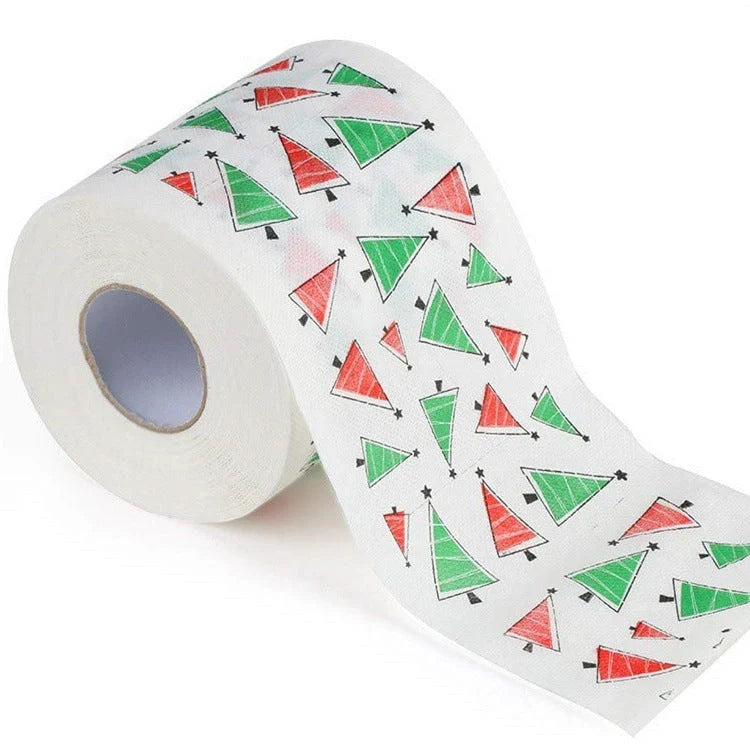 Christmas-themed toilet paper roll with Santa Claus and holiday designs