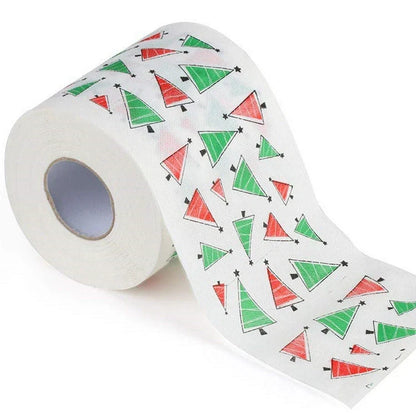 Christmas-themed toilet paper roll with Santa Claus and holiday designs