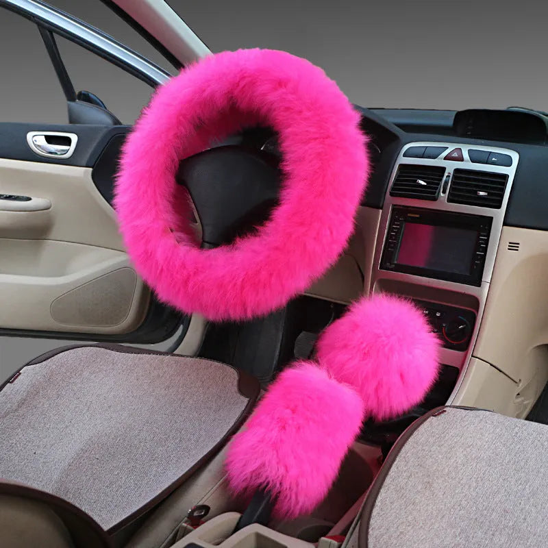 Wool steering wheel cover and handle cover set for car interiors
