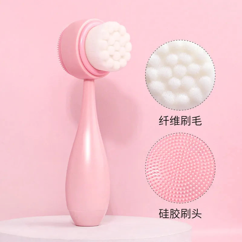 Facial brush set with coral fleece hair band and four nylon-bristle brushes in purple, grey, white, or pink colours
