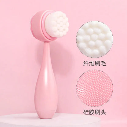 Facial brush set with coral fleece hair band and four nylon-bristle brushes in purple, grey, white, or pink colours