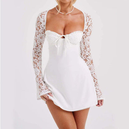 Lace-trimmed backless dress with long sleeves in a variety of colors for women