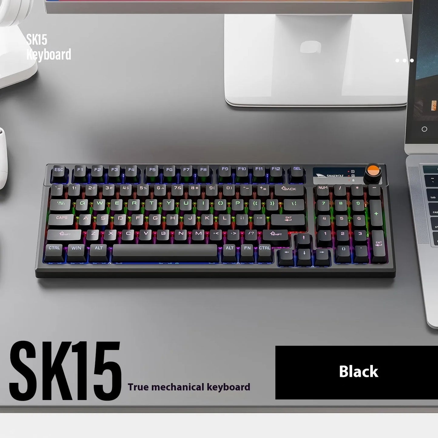 SK15 wired mechanical keyboard with rotary knob in choice of sunset orange, autumn water blue, or black colour for e-sports gaming