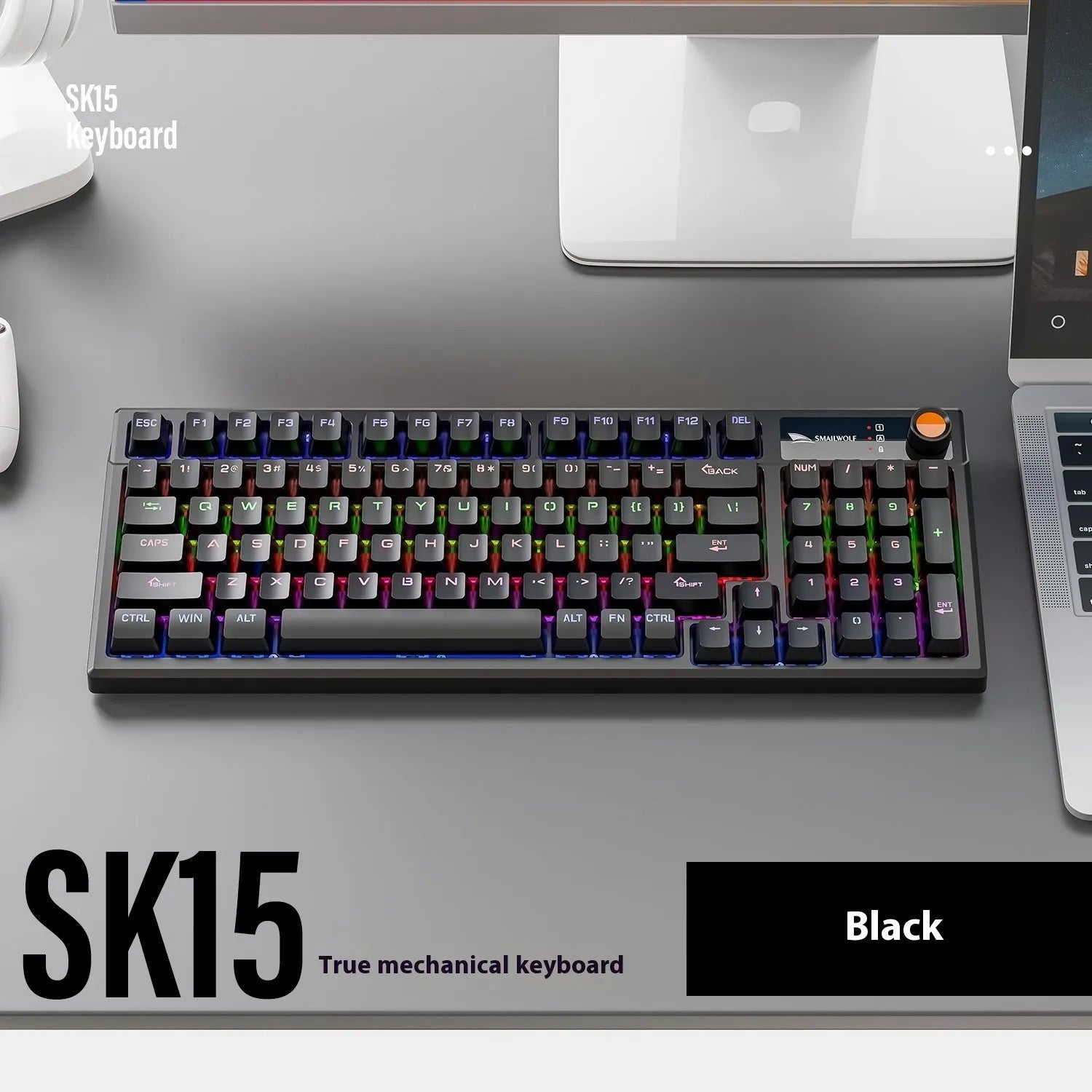 SK15 wired mechanical keyboard with rotary knob in choice of sunset orange, autumn water blue, or black colour for e-sports gaming