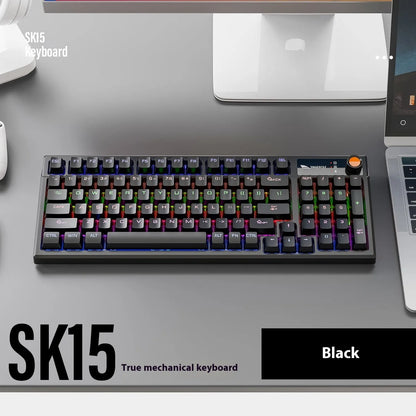 SK15 wired mechanical keyboard with rotary knob in choice of sunset orange, autumn water blue, or black colour for e-sports gaming