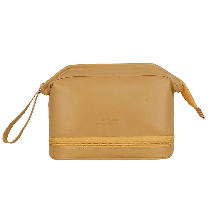 Premium PU leather cosmetic bag with large capacity, versatile storage, and water-resistant design for modern women on the go