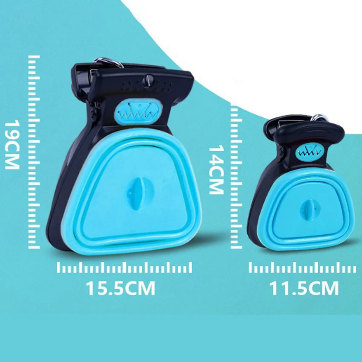 Blue portable dog pooper scooper with carabiner clip and waste bag dispenser, shown next to a waste bag.
