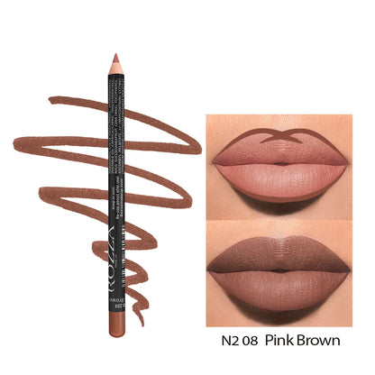 Matte finish lip liner pencil shown in a case, with 14 shade options from 201 to 214 for lip contouring.