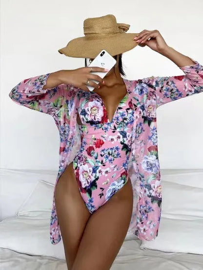 Women's floral pattern bikini three-piece swimsuit set with cover-up coat in multiple colour options