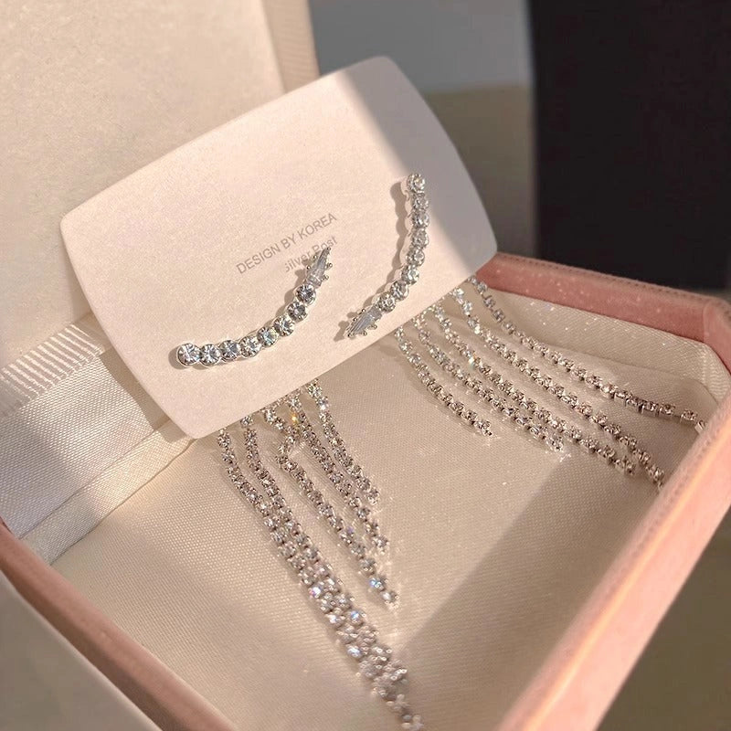 Elegant sterling silver long fringed zircon earrings for women