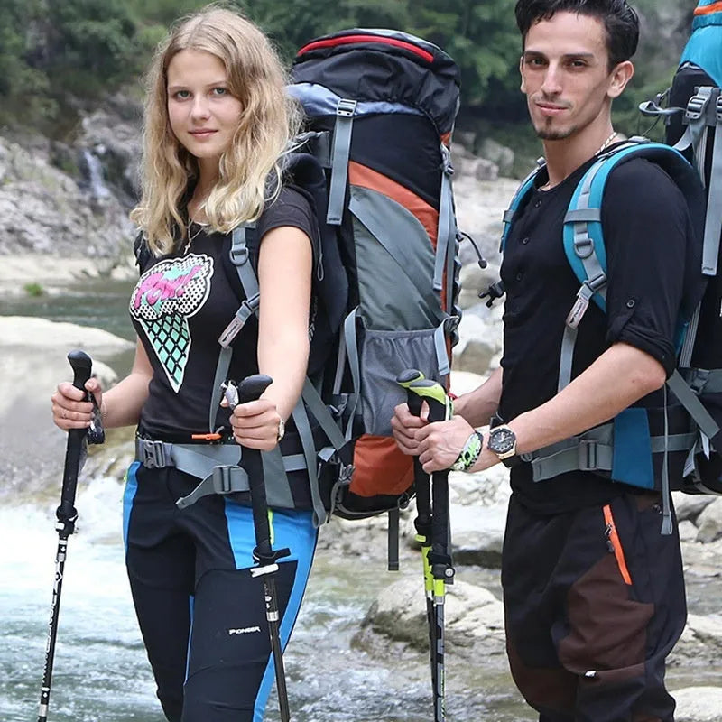 Carbon fibre folding climbing cane with 5-section tube construction, available in 34cm red or matte black colour options with detachable wrist strap for hiking and walking support