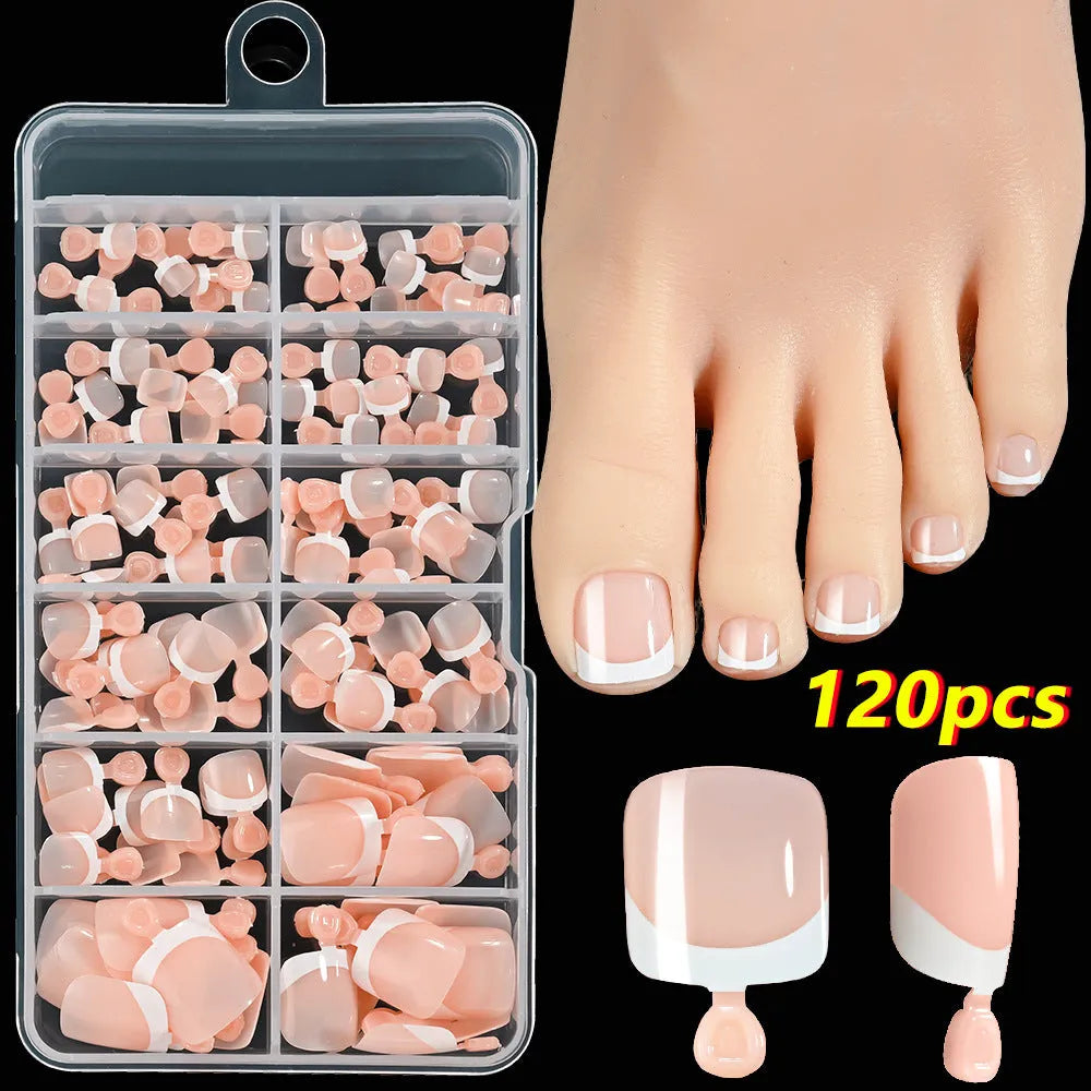 120-piece French white edge toenail pieces in nine natural nude shades, full square short shape for easy application
