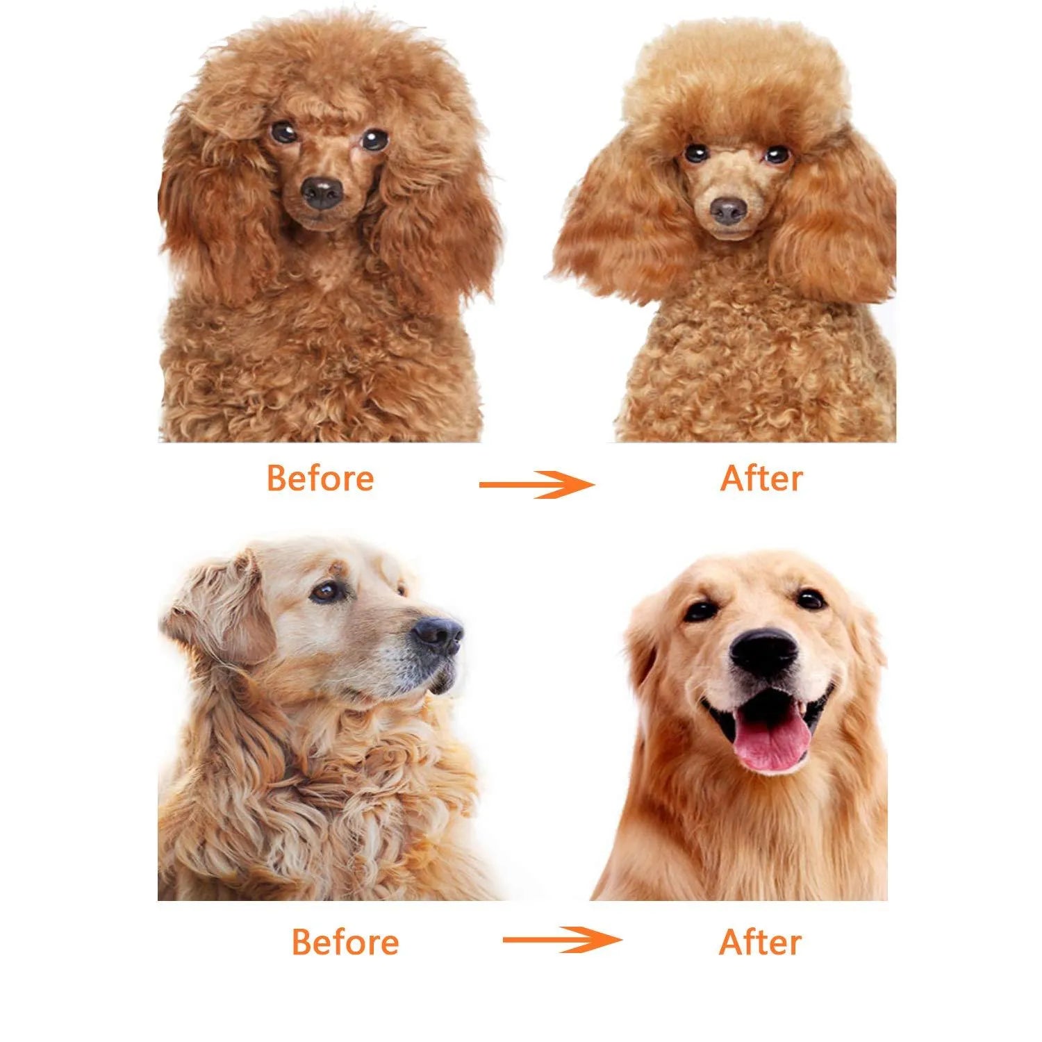 Red stainless steel pet comb with dual-length teeth and plastic handle for dematting dog and cat fur.