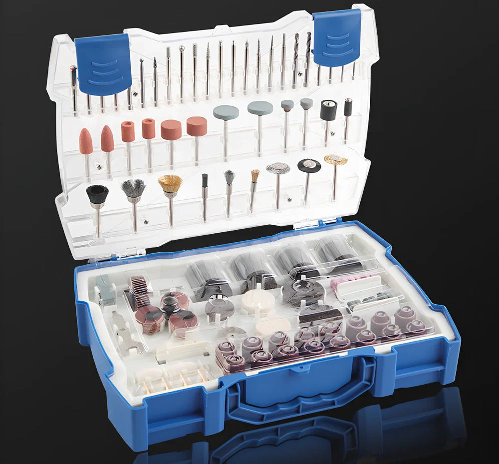 365-piece electric grinder accessory set with cutting discs, grinding wheels, and mounting components