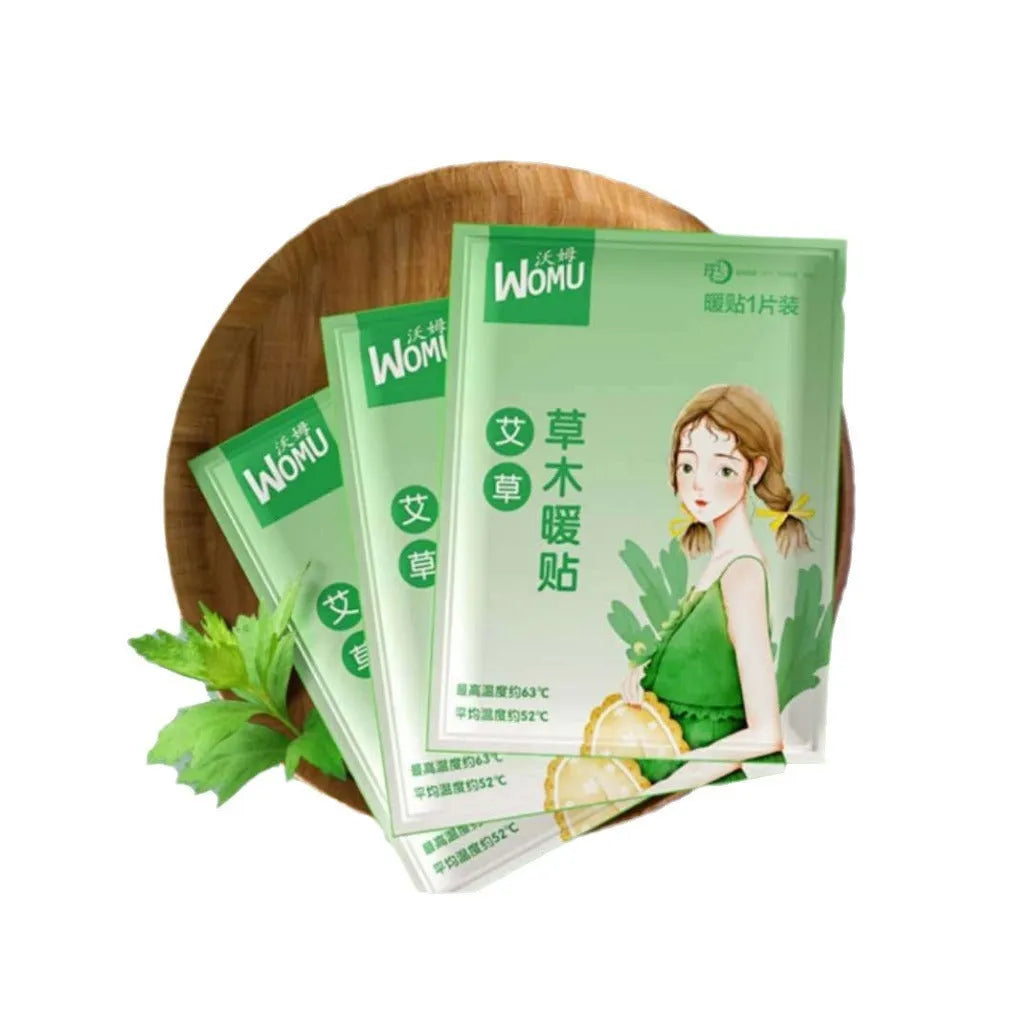 Self-heating uterus warming plaster with herbal options including argy wormwood, ginger, motherwort, and sea salt formulas