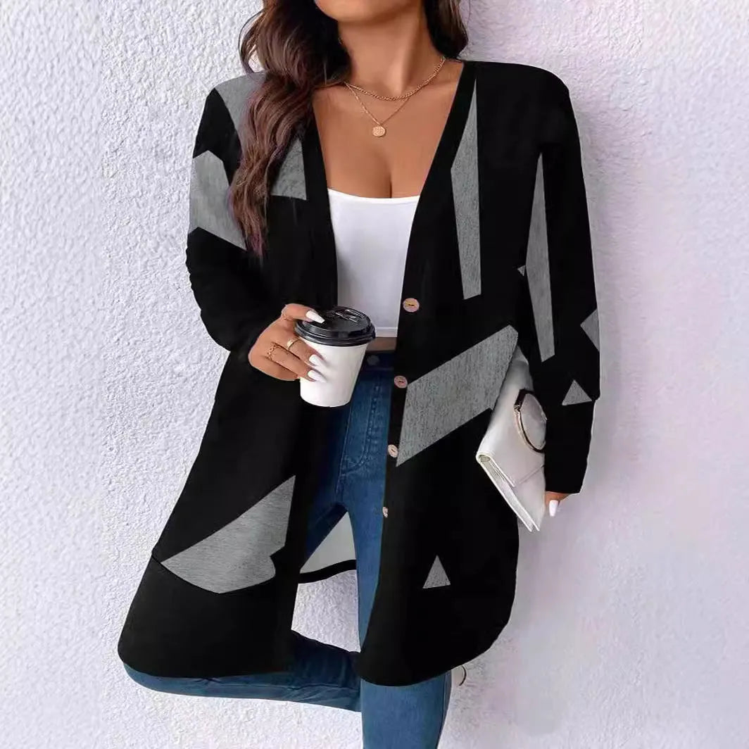 Black loose-fit plus size cardigan coat with button front and stitching print detail.