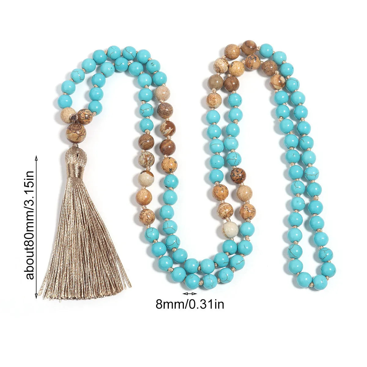108-bead turquoise mala necklace with geometric ball bead chain showing blue pine stone colour