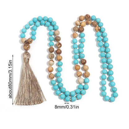 108-bead turquoise mala necklace with geometric ball bead chain showing blue pine stone colour