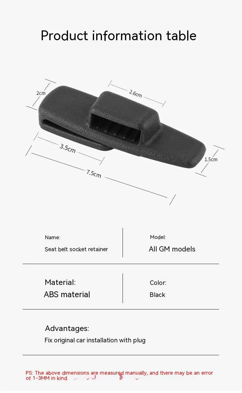 Two black ABS plastic car seat belt stopper clips in clear OPP packaging