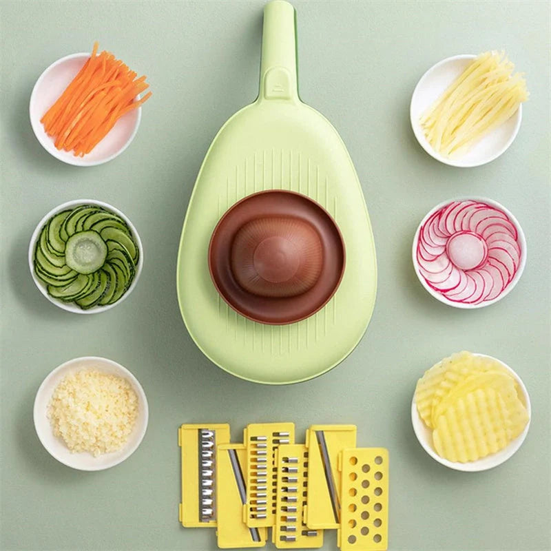 Stainless steel and PP vegetable grater with storage box in avocado green and mango yellow