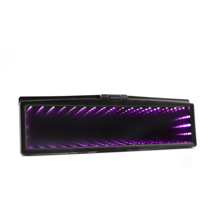 280mm wide flat car rearview mirror with anti-glare coating and coloured LED lighting frame in blue.