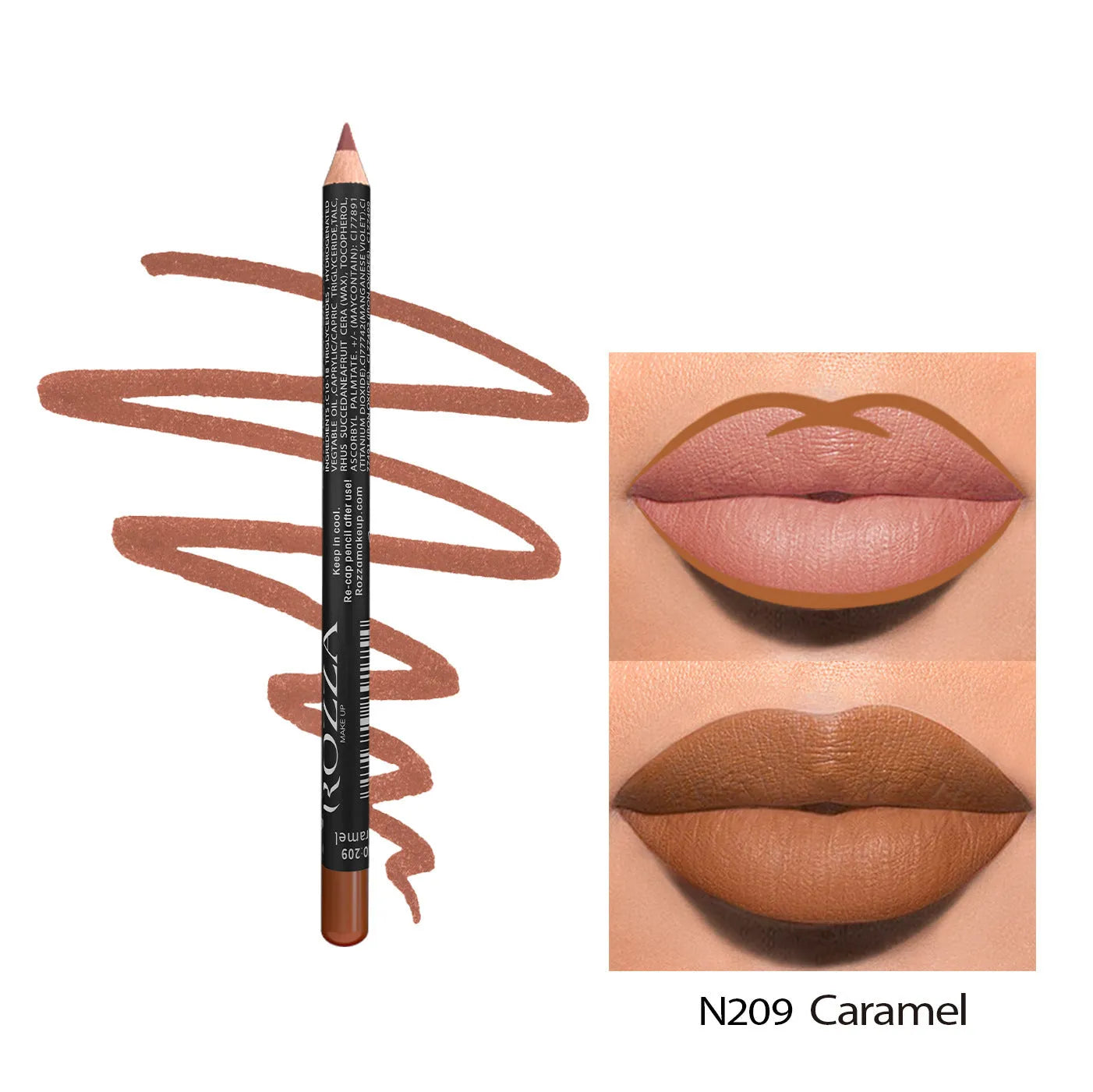 Matte finish lip liner pencil shown in a case, with 14 shade options from 201 to 214 for lip contouring.