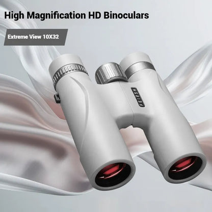 Wine red film coated 10x32 binoculars with grey body shown from the front, displaying objective lenses.