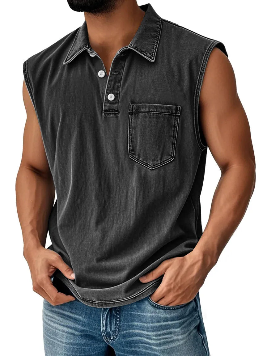 Man wearing a short-sleeve polo shirt with a colourful 3D digital print design on the front.