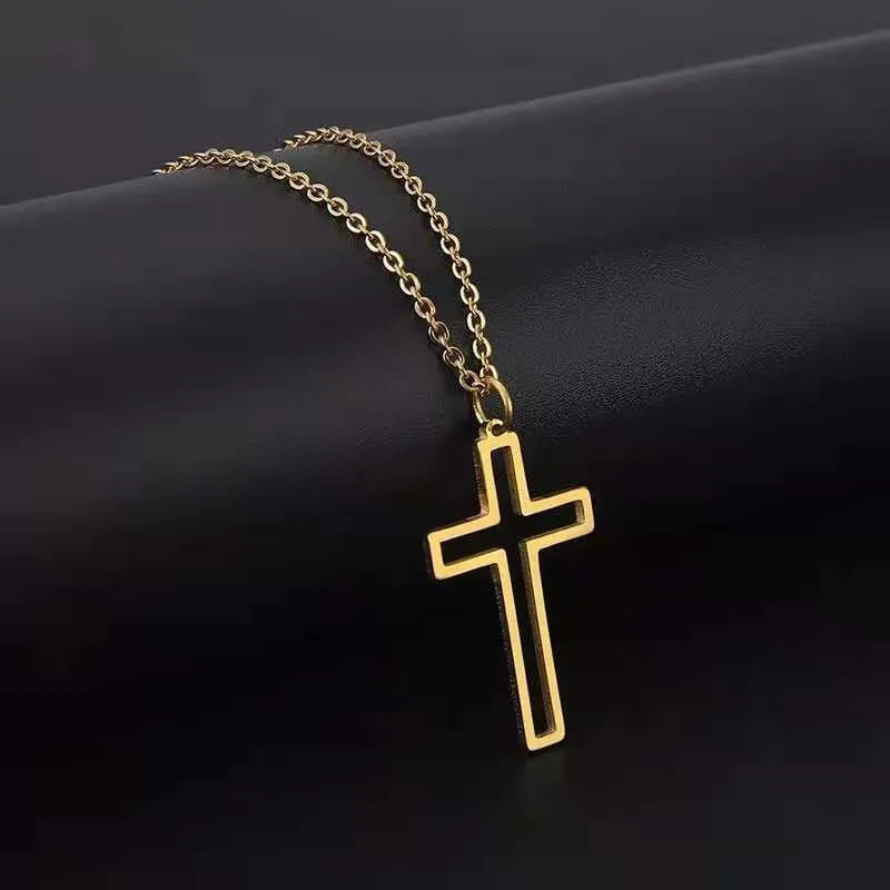 Unisex hip hop cross necklace with titanium steel pendant and stainless steel cross chain in steel or gold