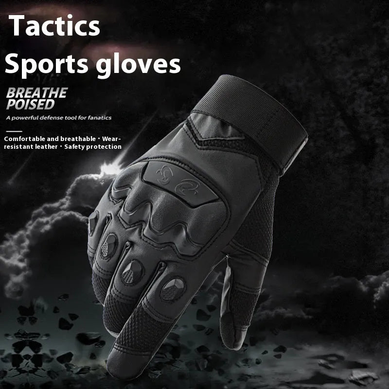 Men's black tactical gloves with touchscreen finger caps, shown in sizes M, L, XL for training use.