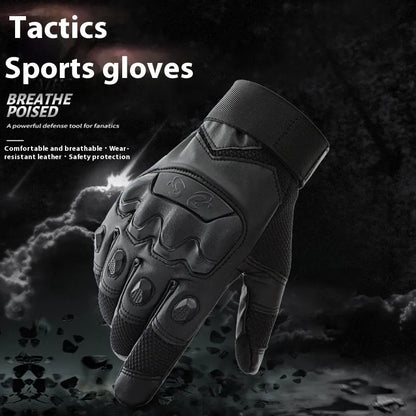 Men's black tactical gloves with touchscreen finger caps, shown in sizes M, L, XL for training use.