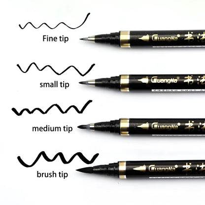 Six-piece soft brush calligraphy pen set in a box with plastic barrel and add-ink design